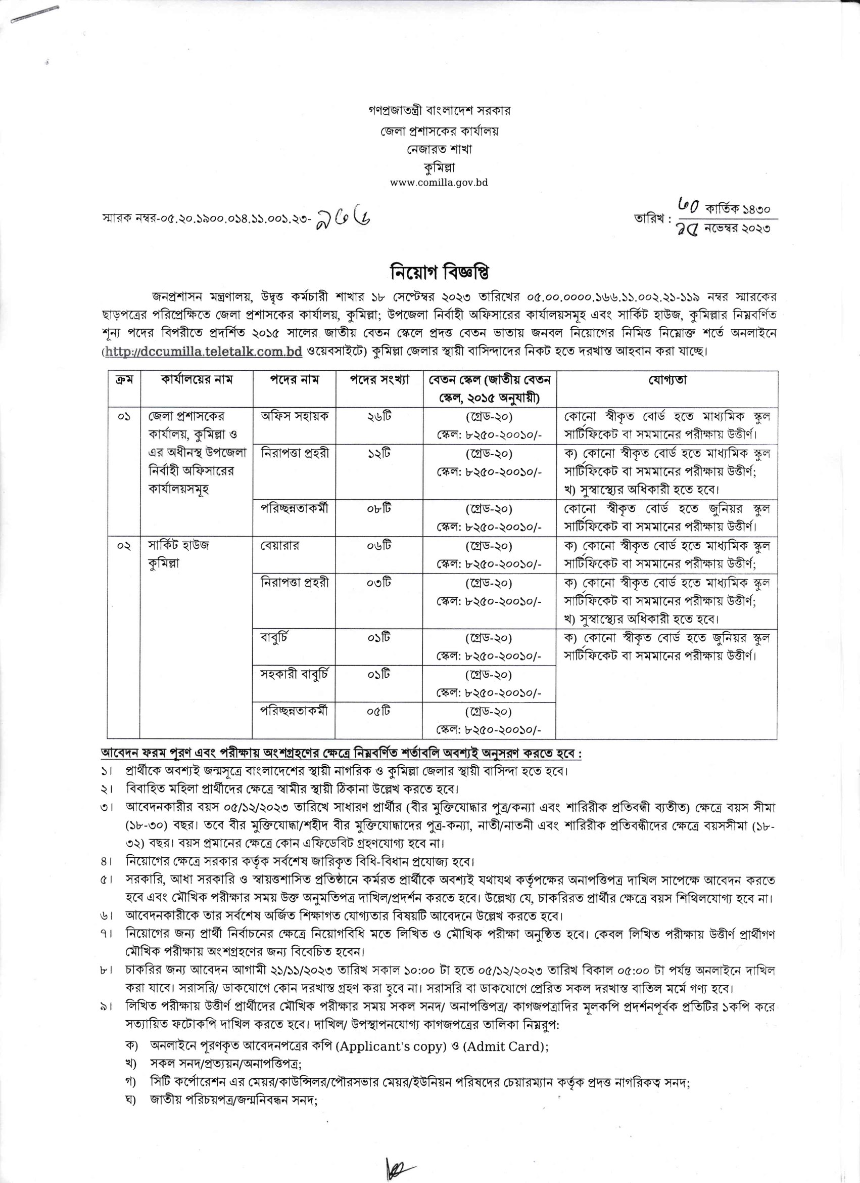 জেলা প্রশাসকের কার্যালয় নিয়োগ বিজ্ঞপ্তি ২০২৪